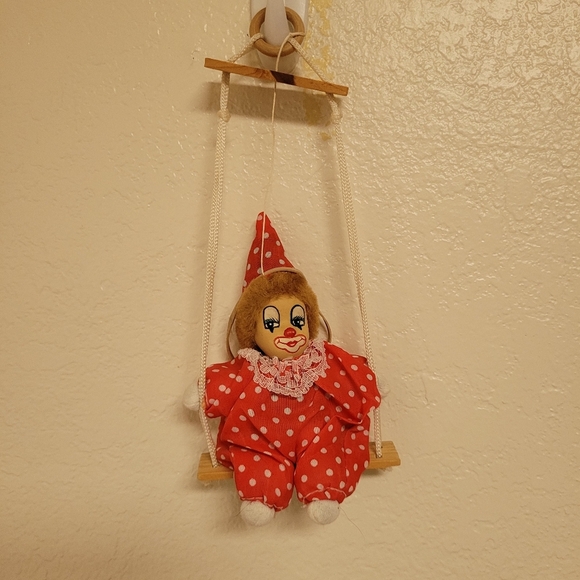 None Other - Small Porcelain Red Polka Dot Clown Doll on Swing